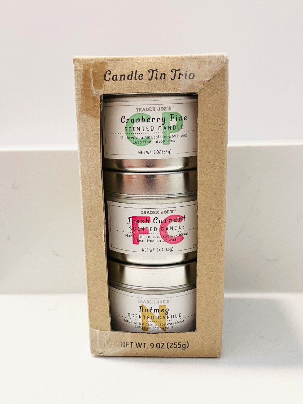 Trader Joe’s Candle Tin Trio Cranberry Pine Fresh Currant Nutmeg Holiday Soy NEW